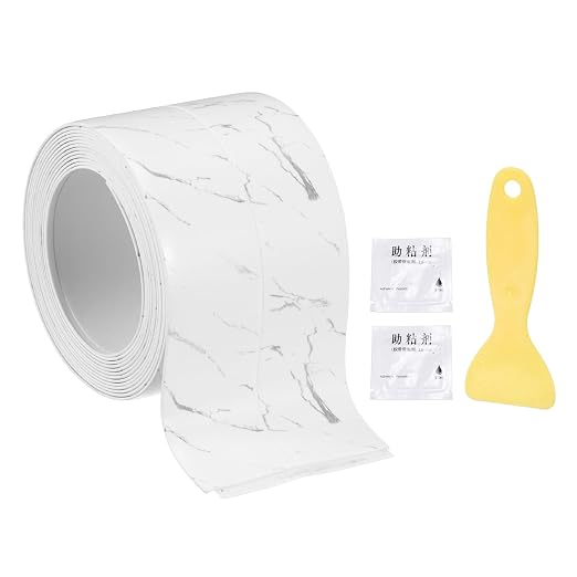 uxcell Caulk Tape Waterproof, 1.42 Inch x 4.92 ft Self-Adhesive Sealant Sealing Strip Caulking Sealant Tape PVC with Tool for Kitchen Sink Toilet Bathroom Bathtub Floor, Gray White