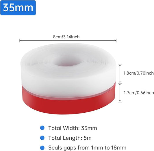 35mm Weather Stripping, 5M/16.4FT Transparent Silicone Weather Stripping Upgraded Strong Adhesive Door Seal Strip for Doors, Windows & Shower Glass Gaps, Waterproof & Soundproof Red Backing Tape