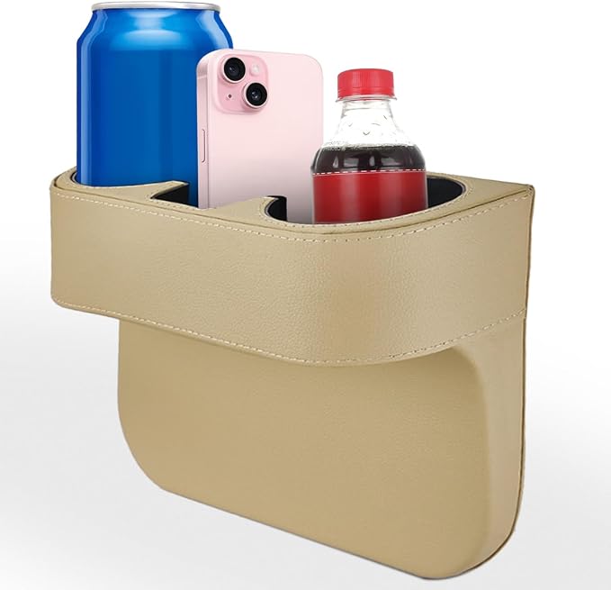 KITUREK Car Cup Holder, PU Leather Cover Auto Front Seat Organizer, Beige | Multifunctional Cup Drink Holder, Gap Filler Coin Bucket Storage Box, Console Side Pocket, Cell Mobile Phone Holder