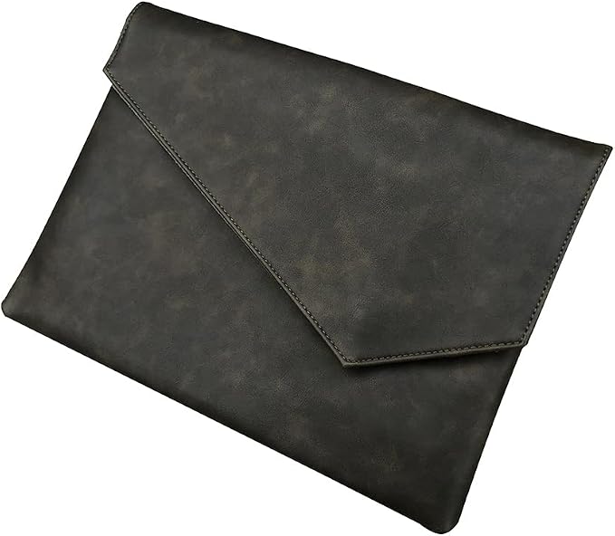 Vintage Leather 13.5" Business Clutch Envelope Bag Documents Certificate Laptop Sleeve Case Office File Folder (Army Green)