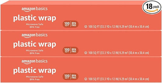 Amazon Basics Plastic Food Wrap,BPA Free,Microwave Safe with Tight Seal,300 Sq Ft,100 Sq Ft Rolls,(Pack of 18)