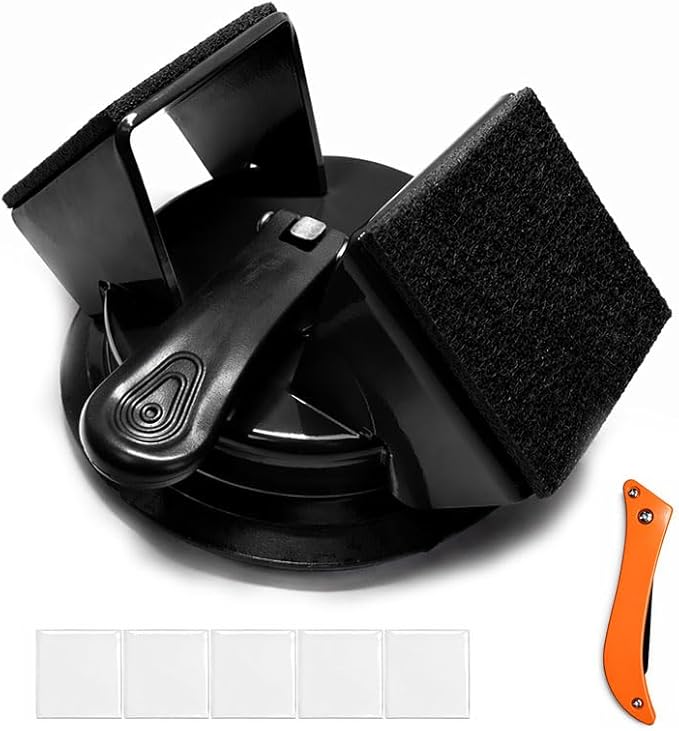 Floor Gap Fixer Tool, Heavy Duty Suction Cup Floor Gap Repair Tool for Vinyl Plank Laminate Flooring, 45° Striking Surface Plank Grabber with Gap Cutter, 5 Adhesive Pads Included, Black