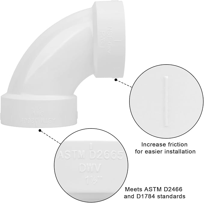 6Pack 1-1/2" PVC DWV Sanitary 90-Degree Elbow (Socket x Socket) White SCH40 1.50" PVC DWV 90° Elbow Pipe Fittings Connectors for Drain, Waste, Vent