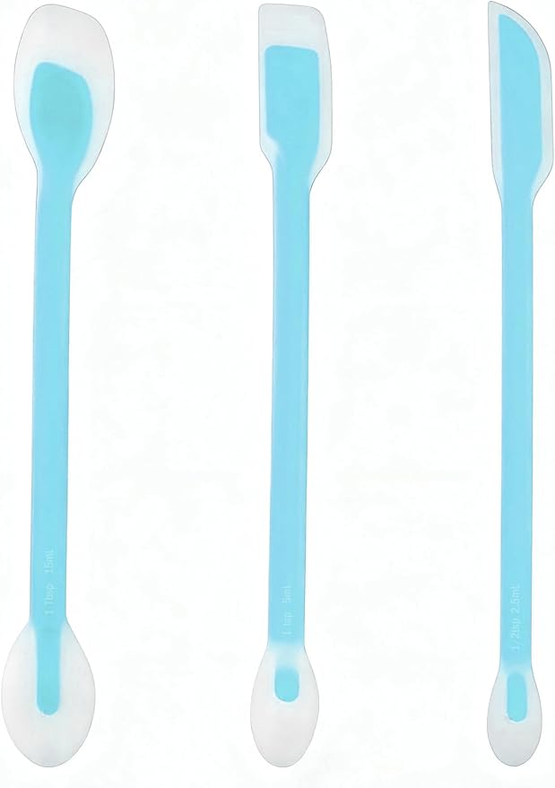 Long Handle Jar Scraper & Dual-Ended Silicone Spatula Spoon Set of 3 – Peanut Butter Spatula with Measuring Scale (1 Tbsp, 1 Tsp, 1/2 Tsp) for Deep Jars, Jam, Mayo, Blender Cups (blue)