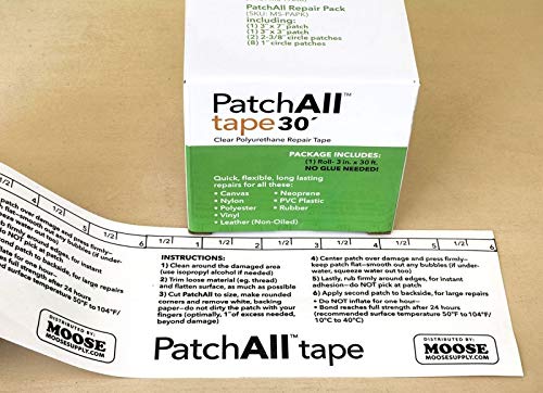 PatchAll Kit Clear Polyurethane Adhesive Vinyl Repair Patch Tape Kit, Waterproof, Airtight Patches for Canvas Tent, Boat Upholstery, Car Seat, Leather Furniture, Hole, Awning, and More, 3" x 30' Roll