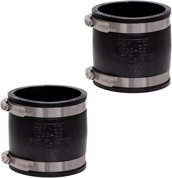 Fernco 1056-33 3 in Flexible Coupling, Unshielded DWV Pipe Connector for PVC, ABS, Cast Iron & Steel, Slip-On Repair Coupler w/Stainless Bands, 2-Pack