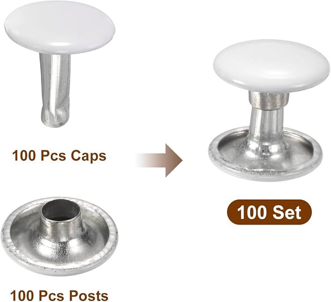 HARFINGTON 100 Sets Double Cap Leather Rivets, 10x10mm Round Cap Tubular Metal Studs Leather Crafting Rivets for Fabric Belt Pet Collar Boot Bag Repair and Decoration, White