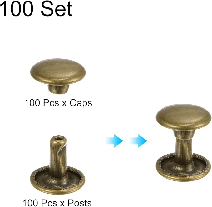 HARFINGTON 100 Sets Double Cap Leather Rivets, 9x8mm Round Cap Tubular Metal Studs Leather Crafting Rivets for Fabric Belt Pet Collar Boot Bag Repair and Decoration, Bronze