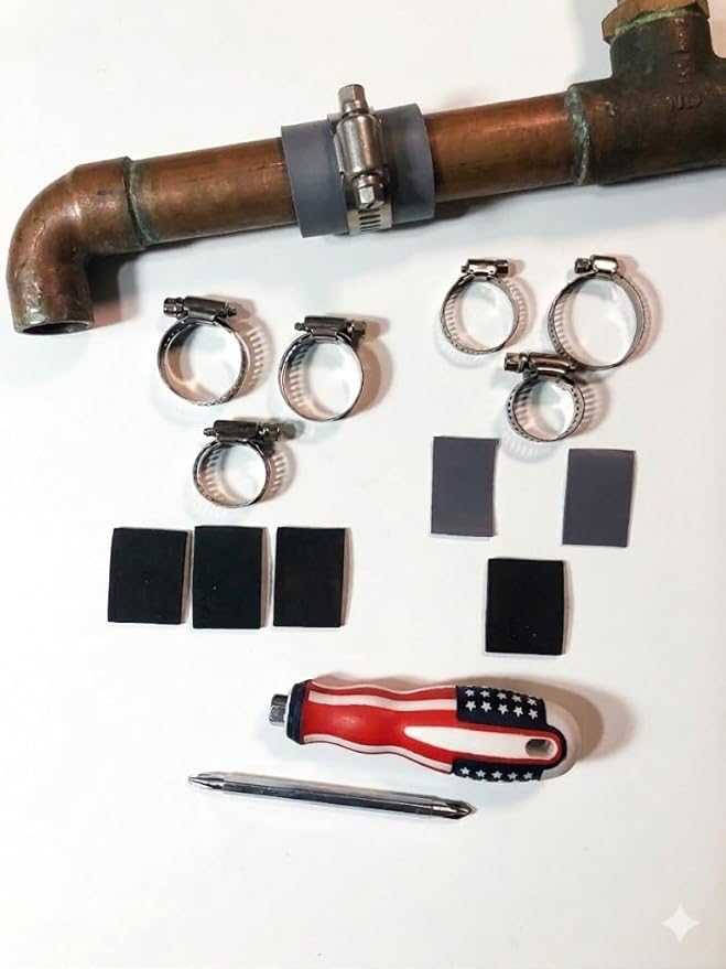 Emergency Pipe Repair Kit- Pipe Leak Repair Clamp Kit- 6 Patchs and clamps-Quick Fix for Pin Holes-Small Splits of Most Common Household Pipes- No Water Shut Off Needed