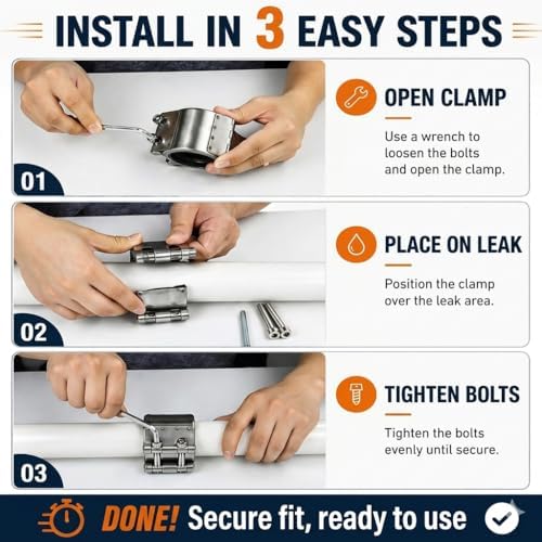 Pipe Repair Clamp，3.5 inch(87mm-91mm) Stainless Steel Leak Sealer, Heavy Duty Pipe Leak Repair Kit for Metal & PVC Pipes, for Burst & Crack Water Pipe Emergency Maintenance