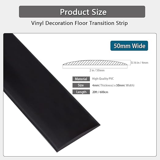 Floor Transition Strip 2" Self Adhesive Flat Vinyl Flooring Transitions Strip with Strong Backing (5cm, 20FT, Black)