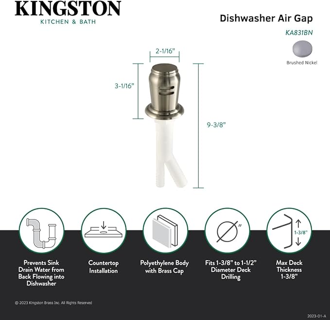 Kingston Brass KA831BN Trimscape Dishwasher Air Gap, Brushed Nickel