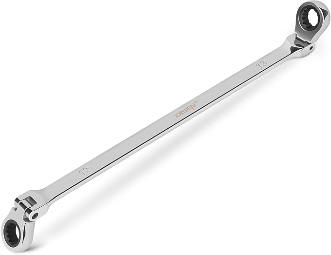 DISEN 12-13mm Extra Long Flex Head Ratcheting Wrench set, Double Box End Long Reach Ratchet Wrench, CRV Steel, Metric