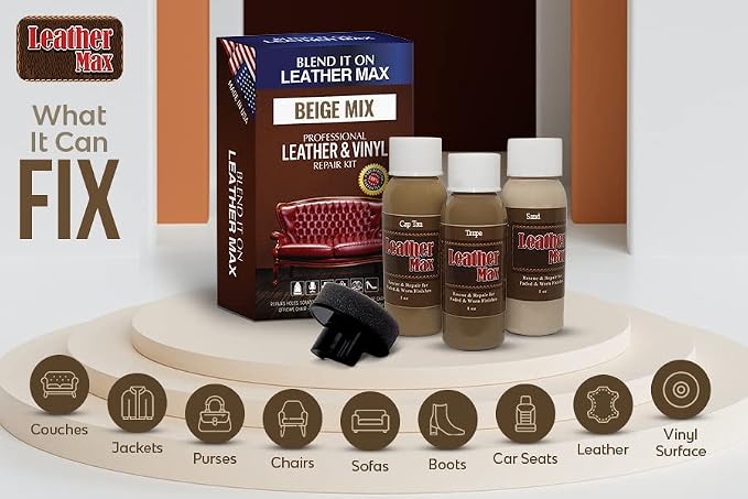 Leather Max Beige Mix - Vinyl and Leather Repair Kit - Restorer of Your Furniture, Jacket, Sofa, Boat or Car Seat, Easy Instructions to Match Any Beige Color, Restore Any Material, Bonded, Italian