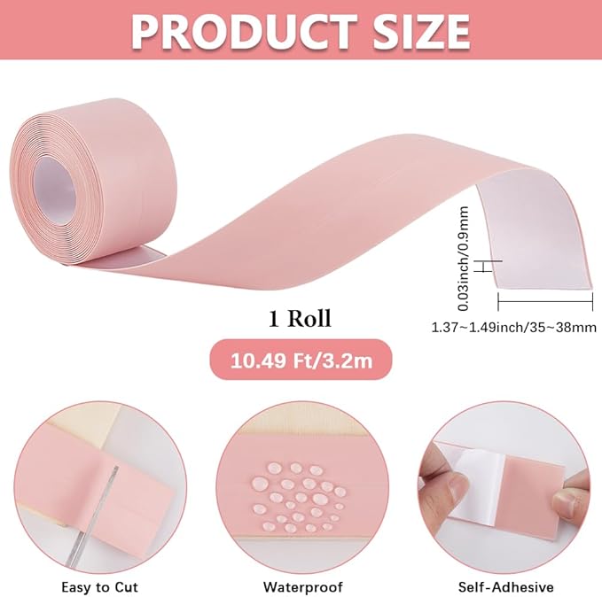 CRASPIRE 10.5 Feet Bath Sealant Strip Pink Sealing Tape PVC Waterproof Self Adhesive Kitchen Toilet Bathtub Surround Edge Corner Protector Caulking Decorative Tape for Bathroom Floor Caulk Sink Shower