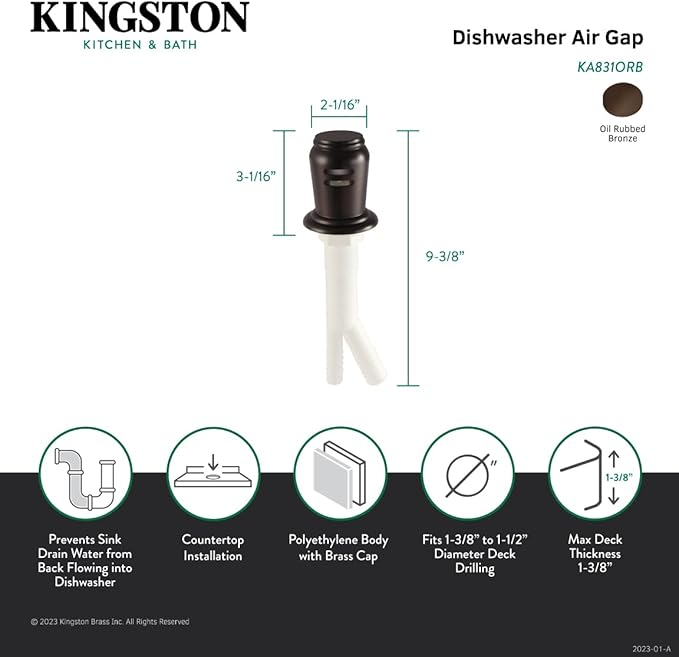 Kingston Brass KA831ORB Trimscape Dishwasher Air Gap, Oil Rubbed Bronze