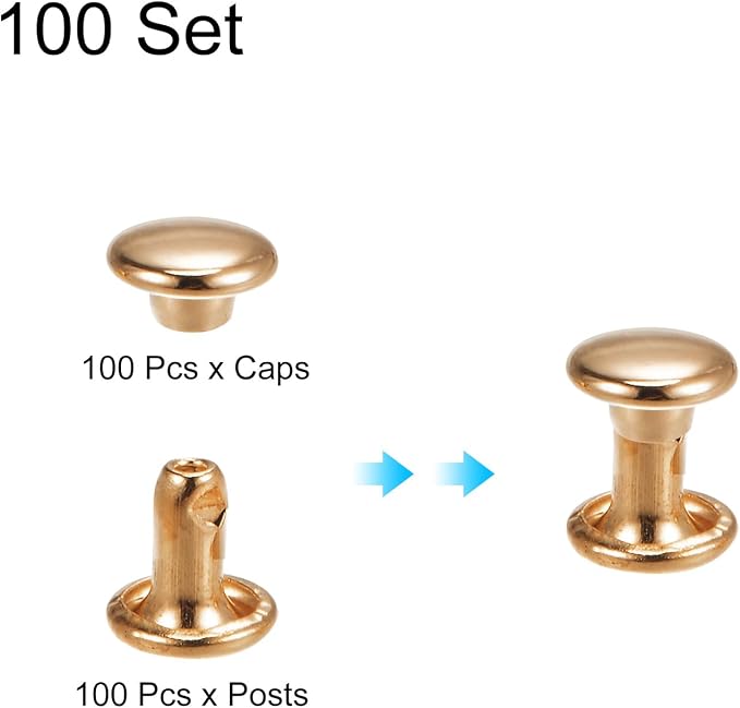 HARFINGTON 100 Sets Double Cap Leather Rivets, 6x6mm Round Cap Tubular Metal Studs Leather Crafting Rivets for Fabric Belt Pet Collar Boot Bag Repair and Decoration, Light Gold
