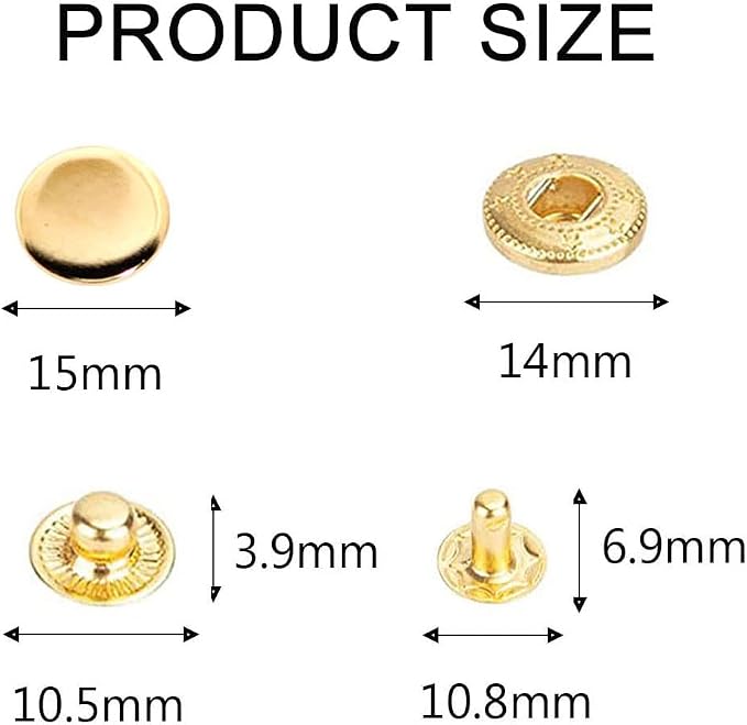 BetterJonny 24 Sets Heavy Duty Leather Snap Fasteners Kit, 15mm Metal Snap Buttons Press Studs Leather Rivets Snaps with 4 Setter Tools for Clothes Bracelet Jackets Jeans Gold
