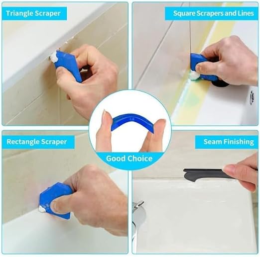 5 in 1 Silicone Caulk Remover Tool with 6 Replaceable Silicone Pads, Grout Scraper, Caulk Nozzles & Cleaning Tools, Reusable Sealant Finishing Tool for Kitchen Bathroom Window Tile Sink Seam Repair