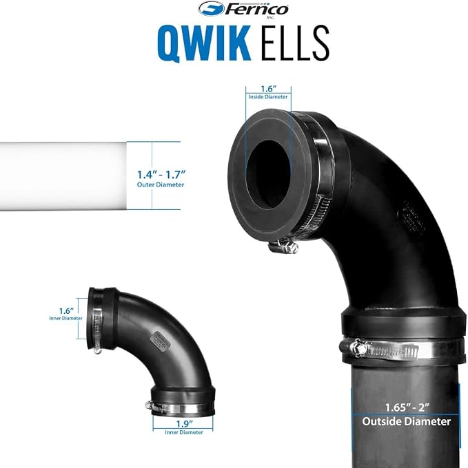 Fernco 1.5" Flexible PVC 90-Degree Elbow Includes Optional 1.25" Reducer Bushing for DWV Cast Iron, Steel and Plastic Pipe Connections