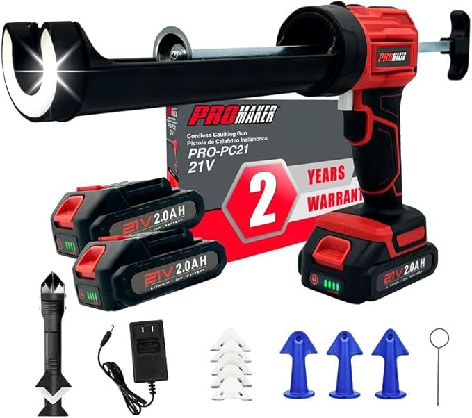 PROMAKER Cordless Caulking Gun, 21V Caulk gun w/ 2 Batteries, LED Light, Adjustable Speed, 3 Nozzle Adapters, 5 Knife Heads, 10 Oz Capacity, 550Lb Pushing Force, Caulk Tool Trowel & Scraper