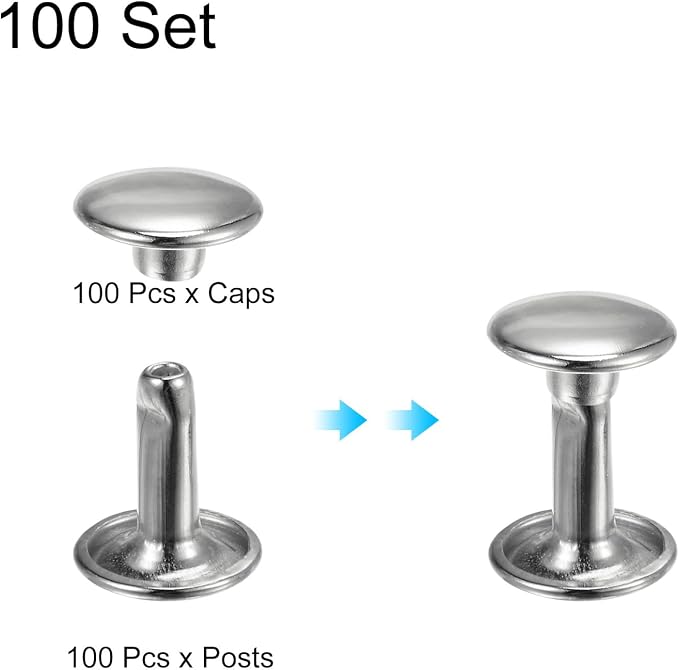 HARFINGTON 100 Sets Double Cap Leather Rivets, 9x10mm Round Cap Tubular Metal Studs Leather Crafting Rivets for Fabric Belt Pet Collar Boot Bag Repair and Decoration, Silver