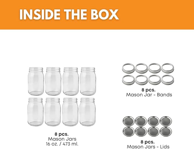 FastRack Regular Mouth Glass Mason Jars with Metal Airtight Lids | 16 oz - Pack of 8 | Large Glass Jars for Food Storage with Lids | Ideal for Canning, Fermentation, Pickling, Kombucha Brewing