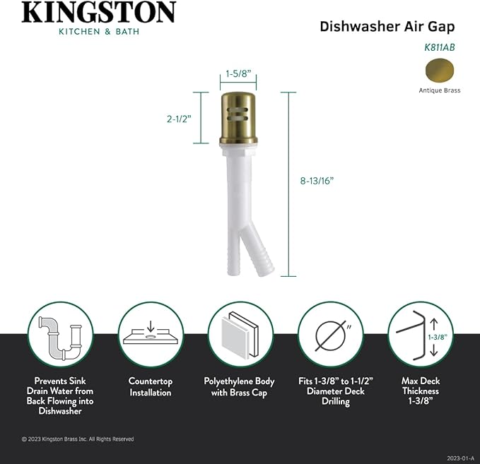 Kingston Brass K811AB Trimscape Air Gap for Dish Washer, Antique Brass