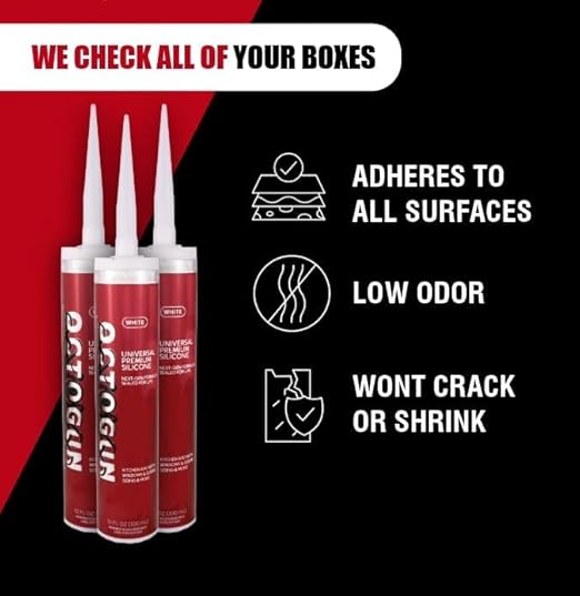 Octogun™ Universal Premium Silicone x6 Pack – All-Purpose Waterproof Sealant for Bathroom, Kitchen, Shower, Window & Door – Low Odor, Flexible & Long-Lasting – 10.1 fl oz -White, Silicone, Caulk