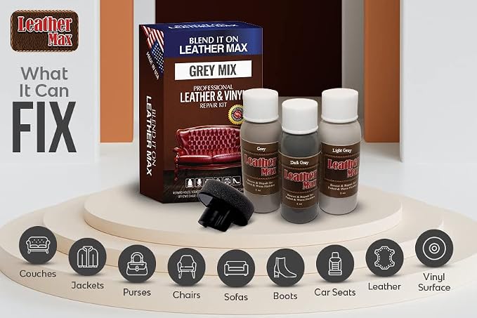Leather Max Grey Mix Vinyl and Leather Repair Kit - Restorer of Your Furniture, Jacket, Sofa, Boat or Car Seat, Easy Instructions to Match Any Grey Color, Restore Any Material, Bonded, Italian