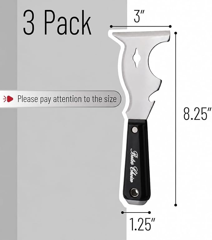 Bates- Paint Scraper, 10-in-1 Painter’s Tool, 3 Pack, Sharp Beveled Blade & Strong Handle, Hammer End, Multi-Use Paint Scraper for Wood, Caulk, Adhesive, Varnish Removal, Putty Knife & Spackle Tool