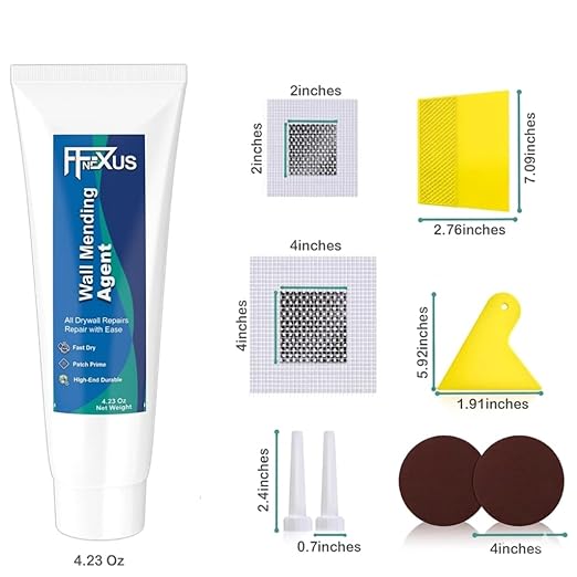 Drywall Repair Kit – 2 × 4.23 oz Fast Dry Putty Tubes with 2×2″ & 4×4″ Wall Patch Mesh, Dual Scrapers & 2 Sandpapers | Quick-Dry Spackle & Sheetrock Crack Filler for Wall, Ceiling & Plaster Repair