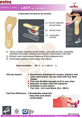 Pedag 121 Lady 3/4 Ultra Thin Leather Self Adhesive Insole for All Heels, Tan, Women's 8