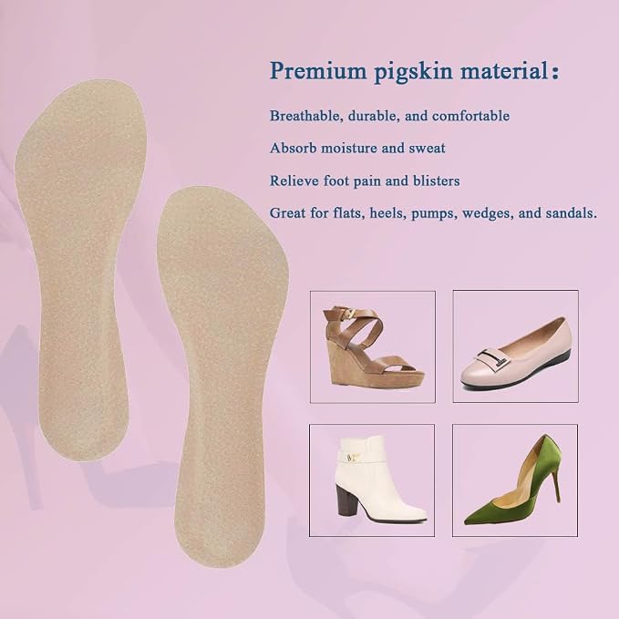 2 Pairs Pigskin High Heel Cushion Inserts, Adhesive Arch Support Sandal Inserts, Anti-Slip Shoe Inserts for Dress Shoes Flat Shoe Pain Relief, Leather Cushioning Heel Insoles L for 9.5-11 US Size