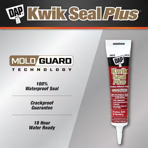 DAP Kwik Seal Plus Kitchen and Bath Adhesive Sealant, White, 5.5 Oz (7079818872)