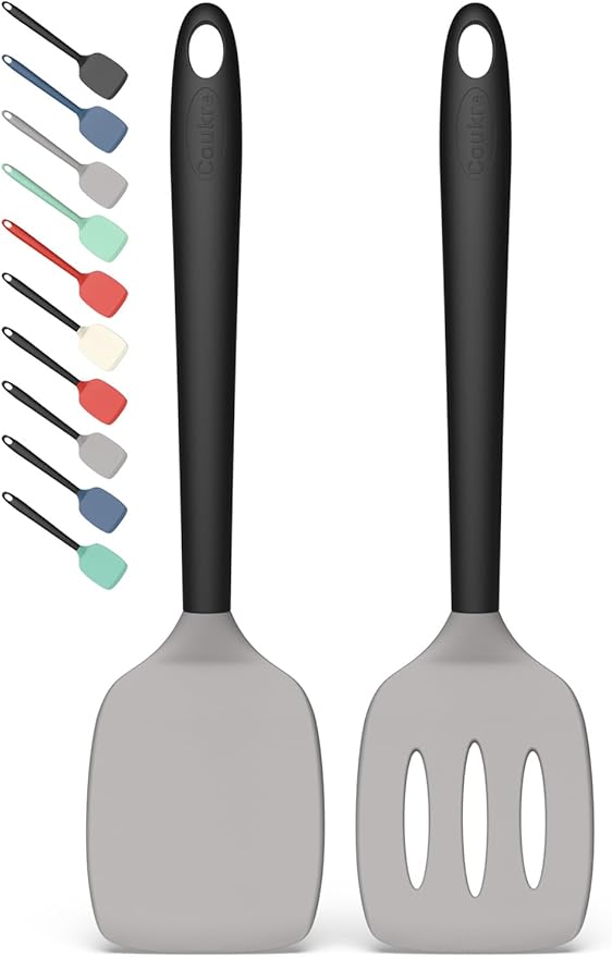 Coukre 2 Pack Silicone Spatula Set, High Heat Resistant, BPA Free Kitchen Spatula, Solid & Slotted Turner for Non-Stick Pans, Sautéing, and Flipping (2, Gray)