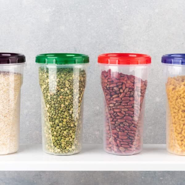 [48 Oz - Red - 4 Pk] Large Deli Food Storage Screw And Seal Containers 48 Oz Stackable Reusable Mirowave Dishwasher Safe Quality Plastic Twist Cap Canisters 4 Pack