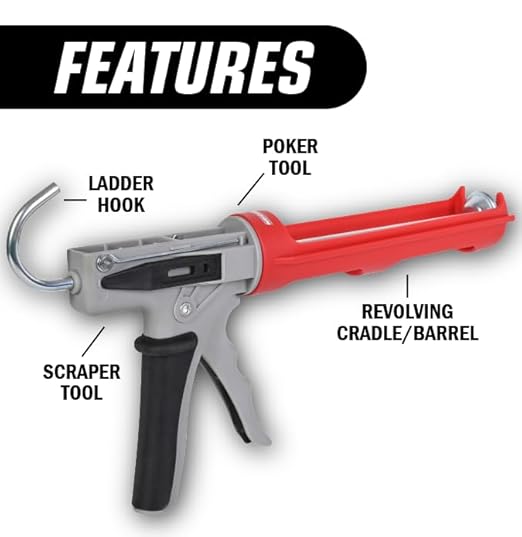 Newborn Octogun 208D Drip-Free Caulk Gun - Integrated 4-Sided Tooling Square & 2-Sided Scraper | 12:1 Thrust Ratio | Lightweight Plastic Design with Revolving Barrel