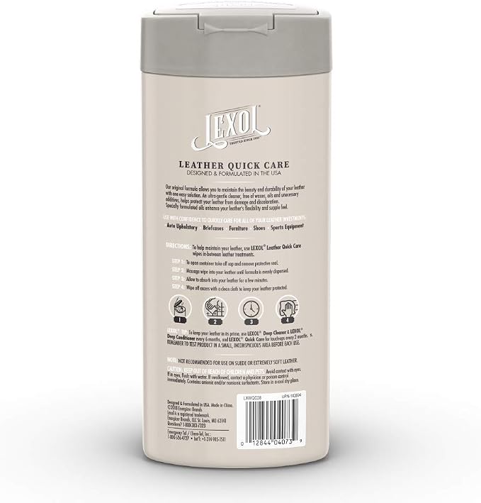 Lexol All Leather Quick Care All-in-One Formula, Best Leather Cleaner and Conditioner, for Use on Leather Apparel, Furniture, Auto Interiors, Shoes, Bags, 28-Count Sheet Wipes,E301500100, white