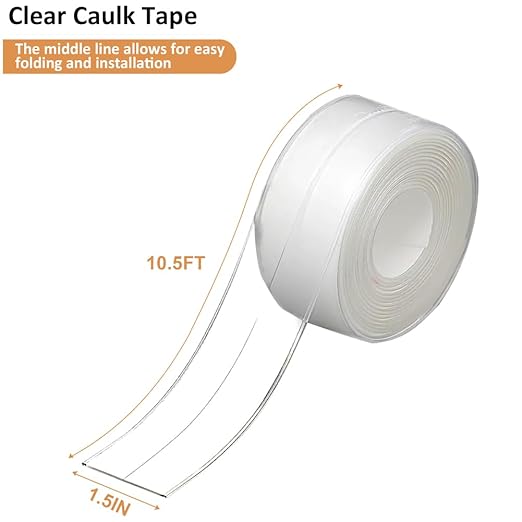 Clear Caulk Tape Waterproof Self Adhesive, Peel & Stick Bathroom Chalk Tape Toilet Bowl Bath Tub Kitchen Strip Floor Wall Tile Window Stove Sink Caulking, Cleaner Than Silicone, Caulk, Grout, Glue
