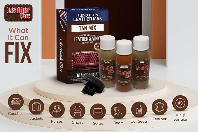Leather Max Quick Blend Refinish and Repair Kit, Restore Couches, Recolor Furniture & Repair Car Seats, Jackets, Sofa, Boots / 3 Color Shades to Blend with Leather Vinyl Bonded and More (Tan Mix)