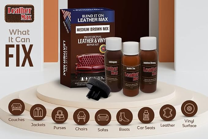 Leather Max Quick Blend Refinish and Repair Kit, Restore Couches, Recolor Furniture & Repair Car Seats, Jackets, Sofa, Boots / 3 Color Shades to Blend with Leather, Vinyl and Bonded (Brown Mix)