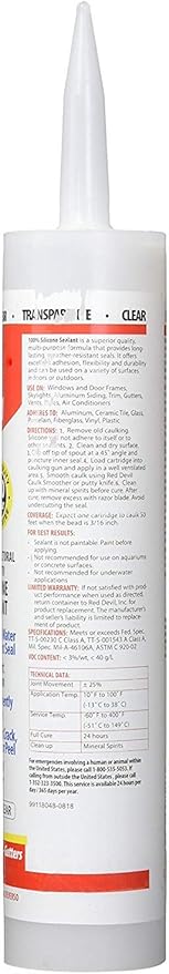 Red Devil 0826 100% Silicone Sealant Architectural Grade, 9.8 oz., Clear, 12 Pack