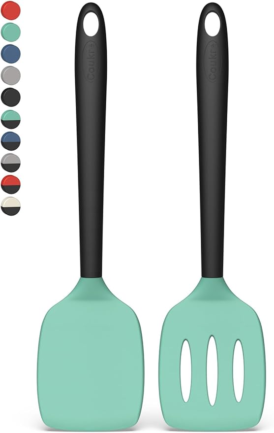 Coukre 2 Pack Silicone Spatula Set, High Heat Resistant, BPA Free Kitchen Spatula, Solid & Slotted Turner for Non-Stick Pans, Sautéing, and Flipping (2, AquaGreen)