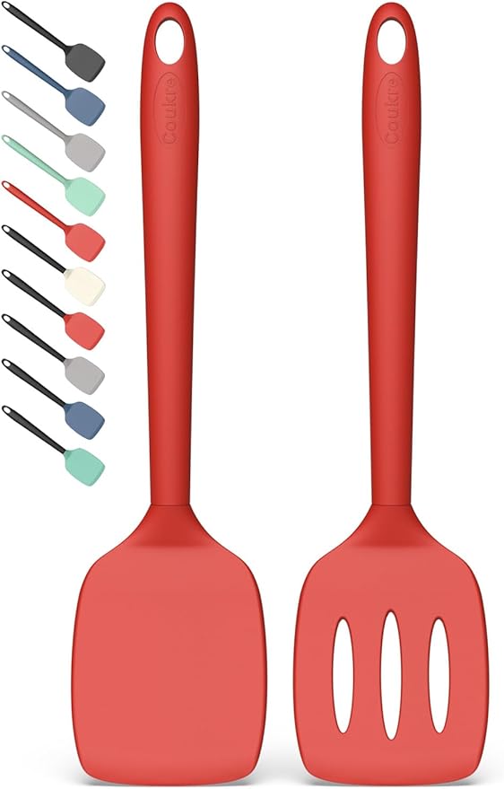 Coukre 2 Pack Silicone Spatula Set, High Heat Resistant, BPA Free Kitchen Spatula, Solid & Slotted Turner for Non-Stick Pans, Sautéing, and Flipping (2, SolidRed)