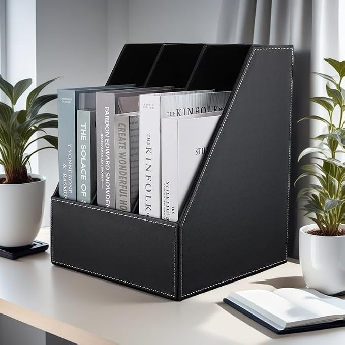 KINGFOM Desktop Wooden Leatherette Magazine File Holder-Organizer-3 Compartment Stand Rack-Papers Storage Box (black)