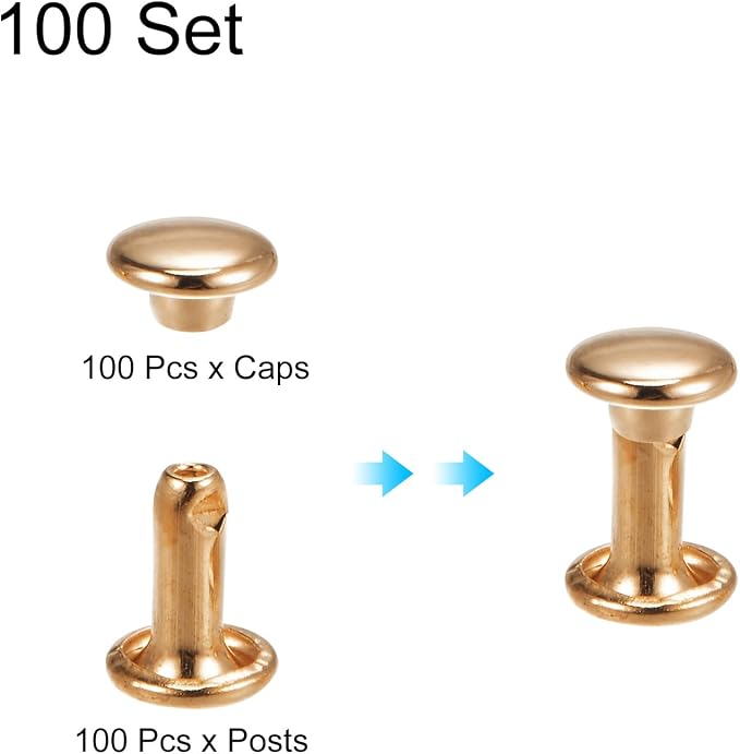 HARFINGTON 100 Sets Double Cap Leather Rivets, 6x8mm Round Cap Tubular Metal Studs Leather Crafting Rivets for Fabric Belt Pet Collar Boot Bag Repair and Decoration, Light Gold