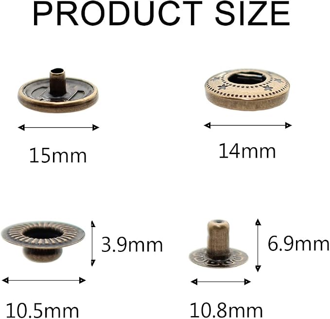 BetterJonny 24 Sets Heavy Duty Leather Snap Fasteners Kit, 15mm Metal Snap Buttons Press Studs Leather Rivets Snaps with 4 Setter Tools for Clothes Bracelet Jackets Jeans Antique Brass