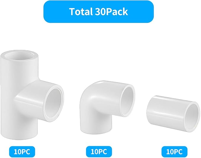 LESSO 30 Pcs 3/4" PVC Fittings Set, Includes 3/4 Inch Tee Fittings, Couplings, 90 Degree Elbows, Furniture Grade, Sch40 White for DIY Projects, Greenhouse, Shed, Plumbing, and Building