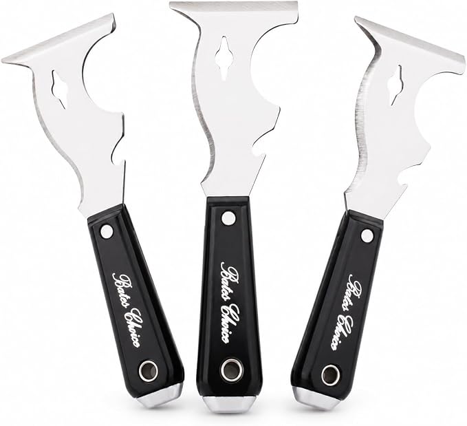 Bates- Paint Scraper, 10-in-1 Painter’s Tool, 3 Pack, Sharp Beveled Blade & Strong Handle, Hammer End, Multi-Use Paint Scraper for Wood, Caulk, Adhesive, Varnish Removal, Putty Knife & Spackle Tool